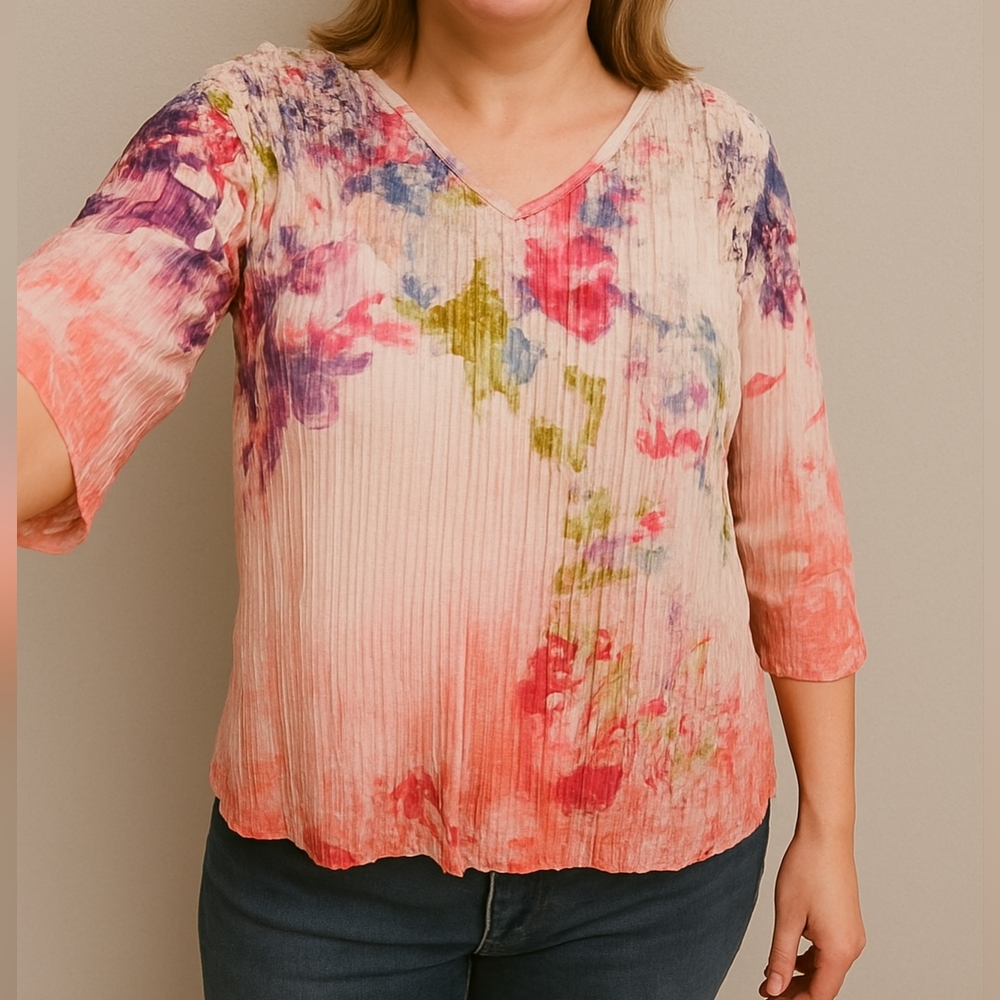 Christopher & Banks Women Multicolor Pleated V-Neck 3/4 Sleeve Top Blouse P/X L